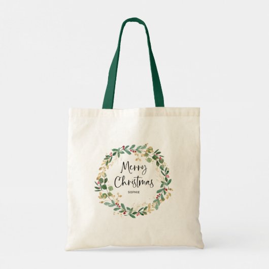 Tote Bag Wreath moderne et script | Joyeux Noël (Dos)