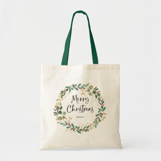 Tote Bag Wreath moderne et script | Joyeux Noël (Devant)