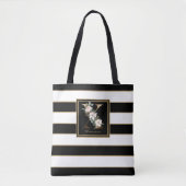 Tote Bag X Monogramme Floral Doré | Rayures Noir Blanc Or (Devant)