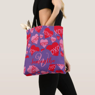 Tote Bag XOXO Coeur rose Motif rouge Monogramme violet
