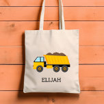 Tote Bag Yellow Dump Truck Kids Personalized Construction<br><div class="desc">This kids' tote bag features an illustration of a yellow dump truck. Personalize it with your child's name in black letters. Makes a great book bag!</div>