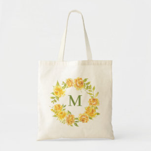 Tote Bag Yellow Watercolor Peonies Floral Wreath Monogram