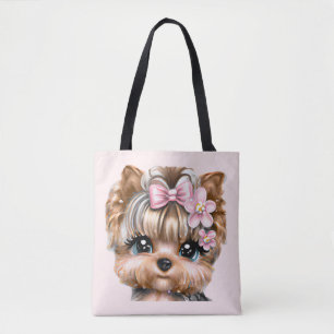 Tote Bag Yorkie mignonne avec une corse rose