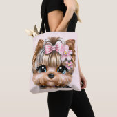 Tote Bag Yorkie mignonne avec une corse rose (De près)