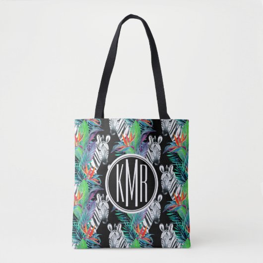 Tote Bag Zèbre et monogramme exotique du motif de fleurs | (Devant)