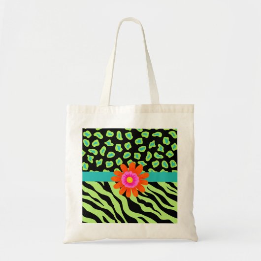 Tote Bag Zèbre vert, noir et Turquoise & Fleur orange Cheet (Devant)