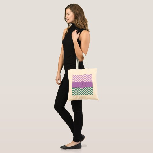Tote Bag Zigzag bleu, Zigzag mauve, Chevron, Monogramme (Devant (modèle))
