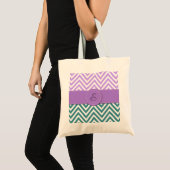 Tote Bag Zigzag bleu, Zigzag mauve, Chevron, Monogramme (Devant (produit))