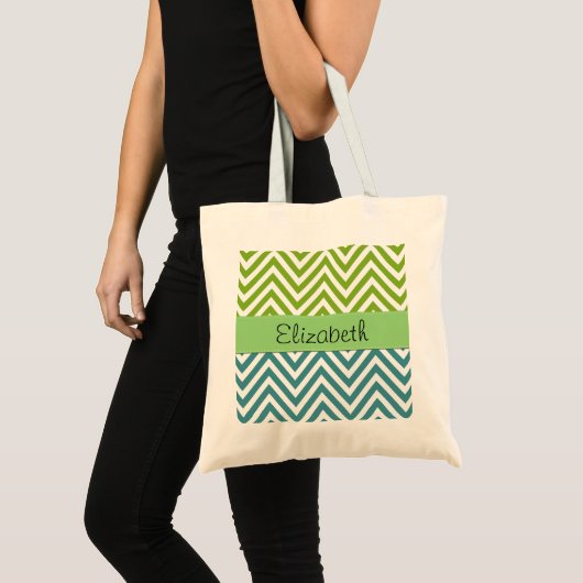 Tote Bag Zigzag bleu, Zigzag vert, Chevron, Votre Nom (Devant (produit))