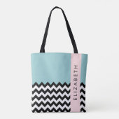 Tote Bag Zigzag noir et blanc, Chevron, Bleu, Votre nom (Dos)