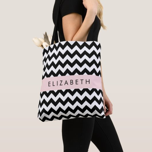Tote Bag Zigzag noir et blanc, Motif Chevron, Votre nom (De près)