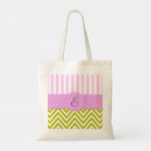 Tote Bag Zigzag vert, Chevron, Grilles roses, Monogramme (Dos)