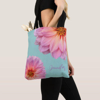 Tote Bag Zinnias roses avec nom personnalisé sarcelle clair
