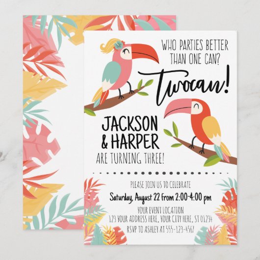 Toucan Birthday Invitation Siblings Brother Sister Kaart (Voorkant / Achterkant)