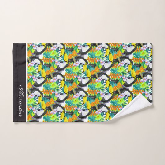 Toucan Black and White Monogram Tropical Flower Bad Handdoek (Handdoek)