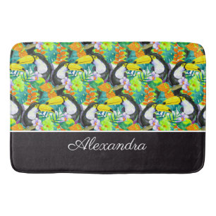 Toucan Black and White Monogram Tropical Flower Badmat