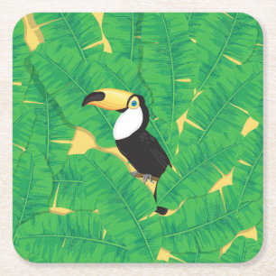Toucan- en banaanbladeren vierkante kartonnen onderzetter