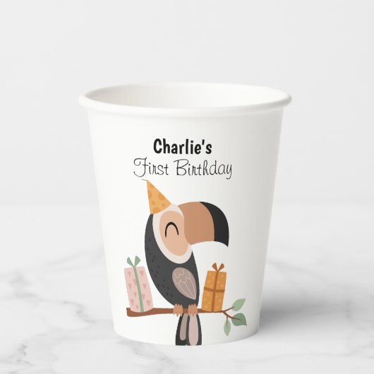 Toucan met feest pet, verjaardag papieren bekers (Voorkant)