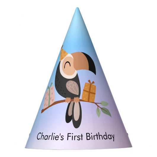 Toucan met geschenken, verjaardag feesthoedjes (Voorkant)