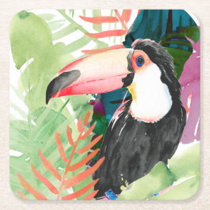 Toucan-portret met tropische bladeren vierkante kartonnen onderzetter