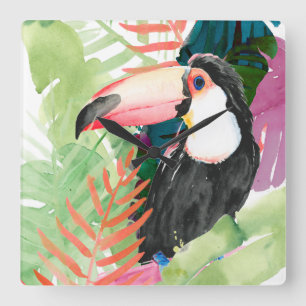 Toucan-portret met tropische bladeren vierkante klok