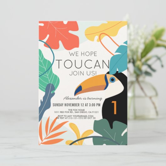 Toucan Tropical Leaf Modern 1e verjaardag Kaart (Staand voorkant)