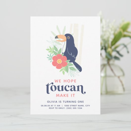 Toucan Tropical Palm Feuilles Invitation d'anniver (Debout devant)