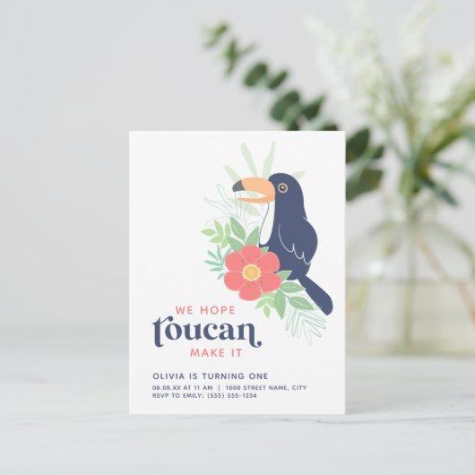 Toucan Tropical Palm Feuilles Invitation d'anniver (Debout devant)