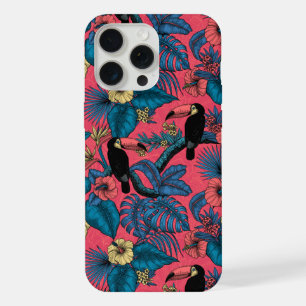 Toucan tuin in rood en blauw iPhone 15 pro max hoesje