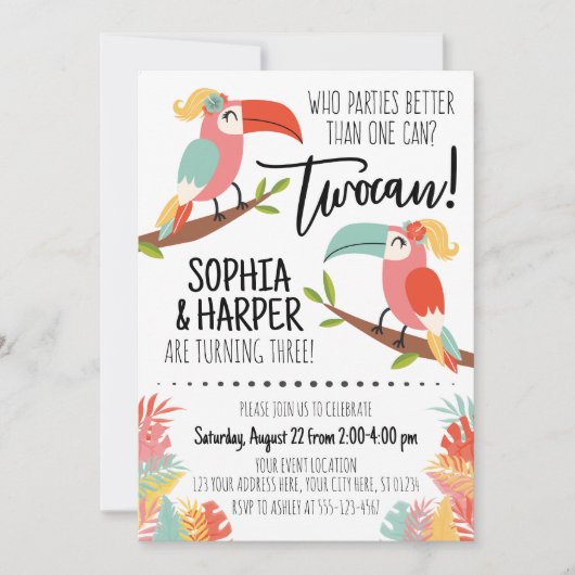 Toucan Verjaardagsuitnodiging Zusters Meisje Twoca Kaart (Voorkant)