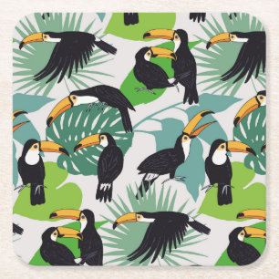 Toucan Vogel: Palmbladeren Patroon Vierkante Kartonnen Onderzetter