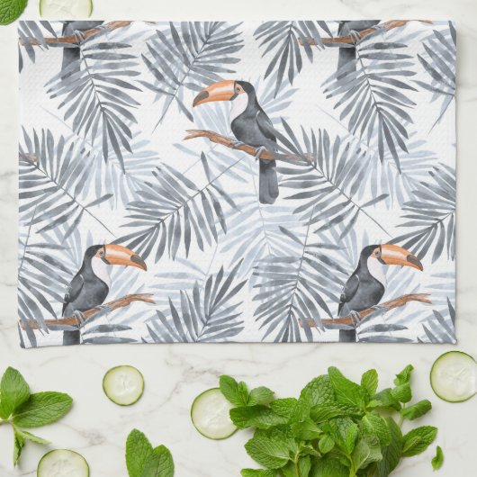 Toucanes en palmbladeren. Gray Theedoek (Gevouwen)