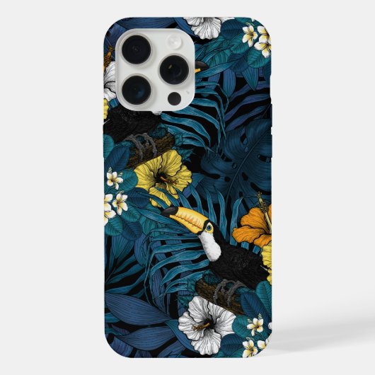 Toucans and tropical flora, blue, yellow, oranje iPhone hoesje (Achterkant)