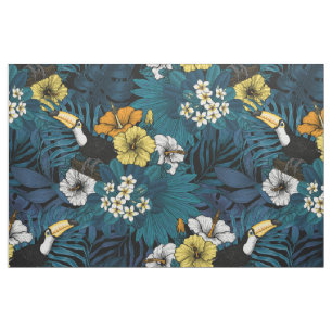 Toucans and tropical flora, blue, yellow, oranje stof