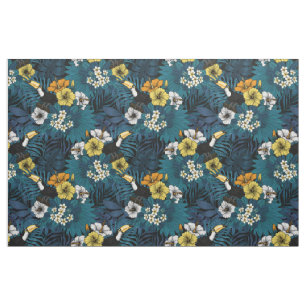 Toucans and tropical flora, blue, yellow, oranje stof