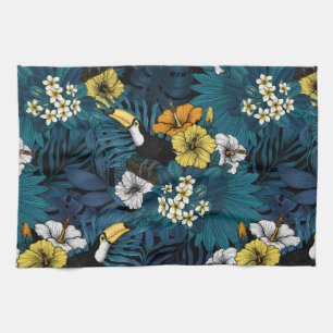 Toucans and tropical flora, blue, yellow, oranje theedoek