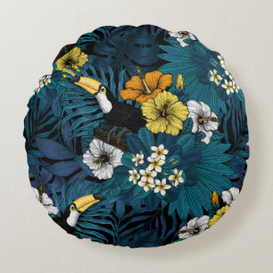 Toucans en tropische flora, blauw, geel, oranje rond kussen