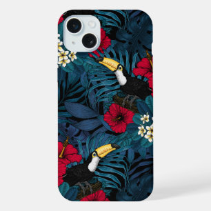 Toucans et flore tropicale, verte et rouge