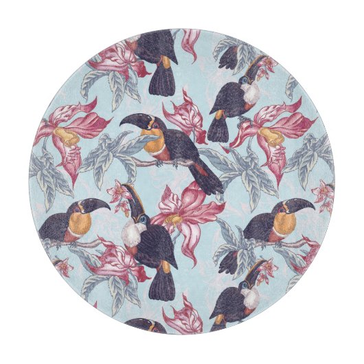 Toucans met exotische bloemen snijplank (Voorkant)