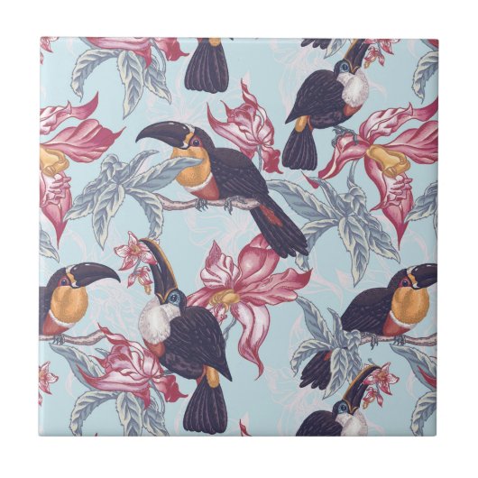 Toucans met exotische bloemen tegeltje (Voorkant)