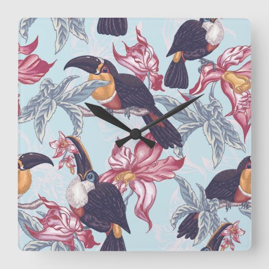 Toucans met exotische bloemen vierkante klok (Voorkant)