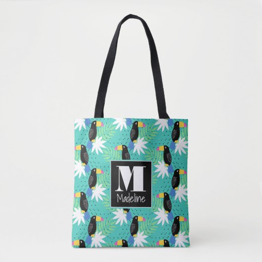 Toucans op Blauwgroen | Monogram Draagtas (Voorkant)