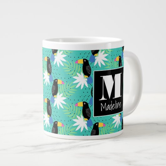 Toucans op Blauwgroen | Monogram Extra Grote Beker (Voorkant rechts)
