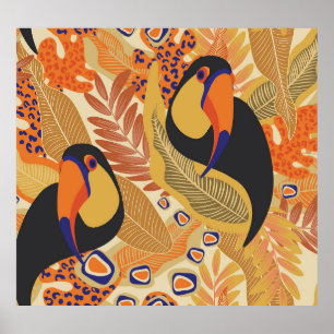 Toucans op takken, naadloos tropisch patroon. poster