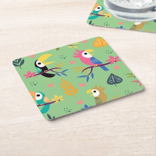 Toucans & parrotts vierkante kartonnen onderzetter (Schuin)