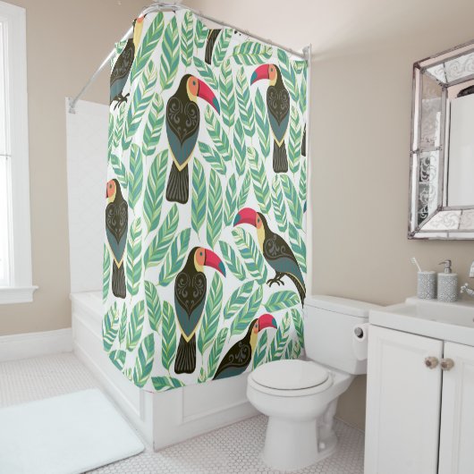 Toucans, tropische bladeren, decoratief patroon. douchegordijn (In situ)