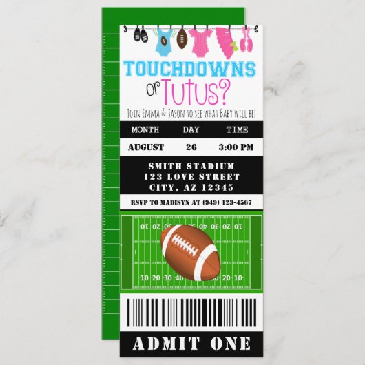 Touchdown of Tutus Football Ticket Gender onthulle Kaart (Voorkant / Achterkant)