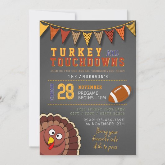 Touchdowns en Turkije Thanksgiving Game Day Uitnod Kaart (Voorkant)