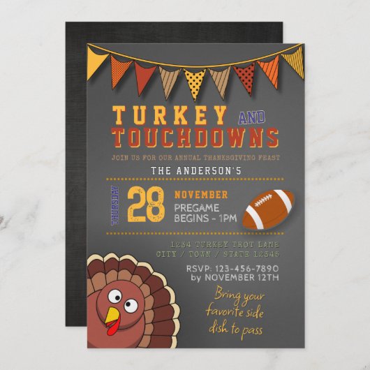 Touchdowns en Turkije Thanksgiving Game Day Uitnod Kaart (Voorkant / Achterkant)