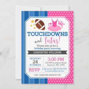 Touchdowns en Tutus Roze Blauw Verjaardagsuitnodig Kaart